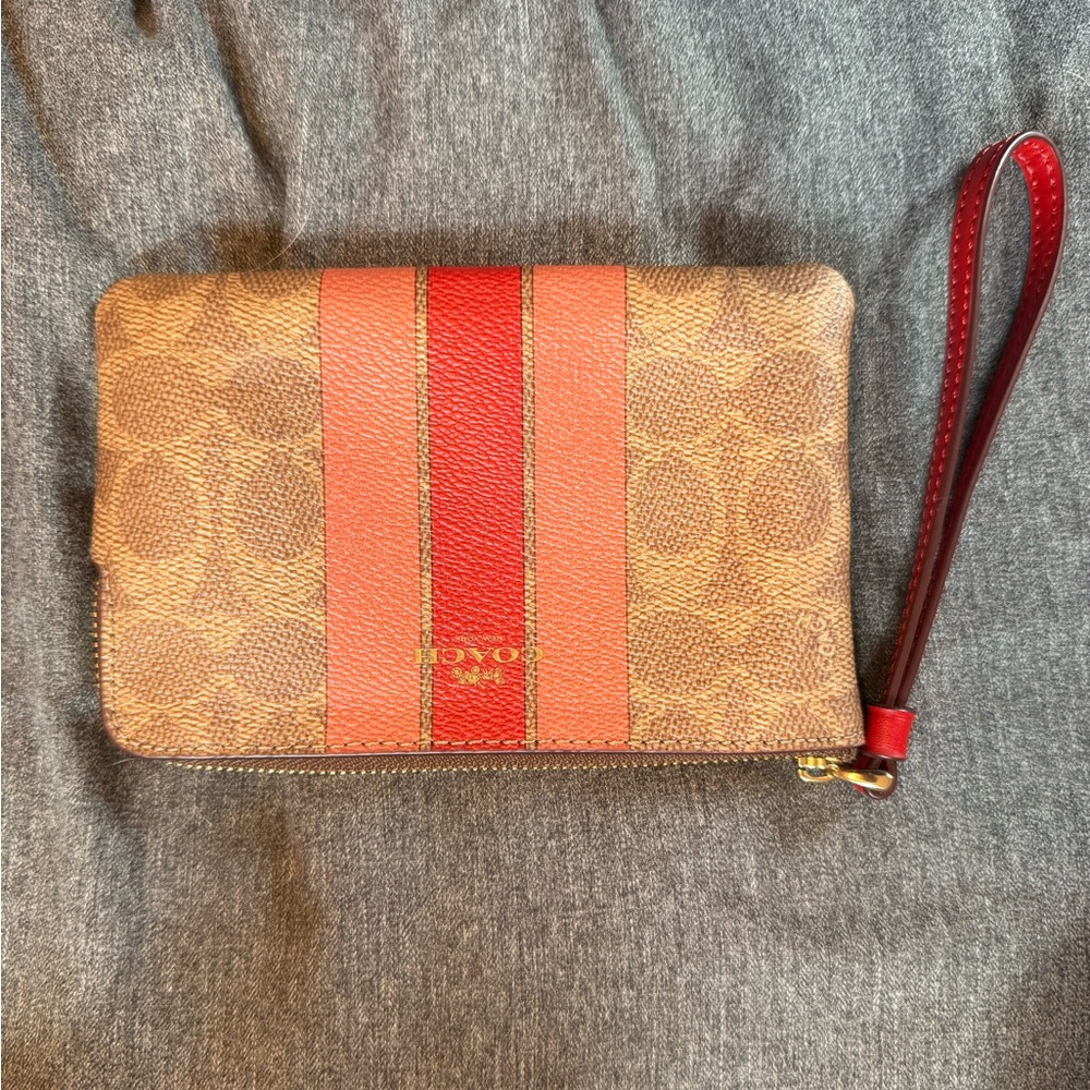 Coach Signature Stripe Wristlet - Brown with Red and Coral Stripes